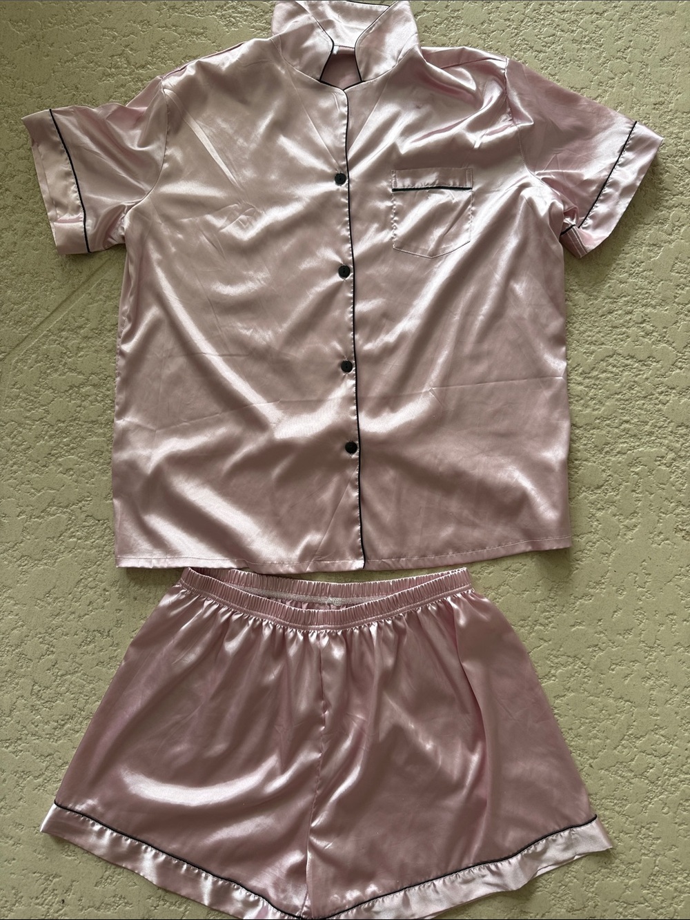 Satin Short Sleeve Pajama Set in Light Pink with Contrast Trim